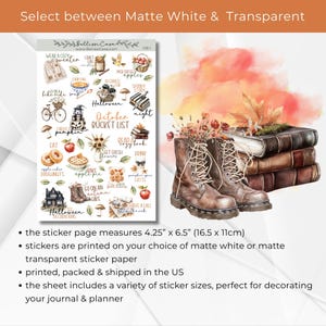 May include: A sticker sheet with an October bucket list theme. The sheet includes illustrations of fall activities, such as apple pie, pumpkins, and cozy sweaters. The sticker page measures 4.25" x 6.5".