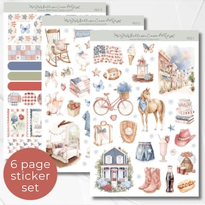 May include: A 6-page sticker set featuring watercolor illustrations with an Americana theme. The stickers include images of a rocking chair, American flag, goose, bicycle, horse, and a house. The color palette includes red, white, and blue.