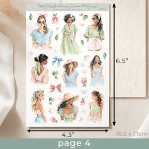 May include: A sheet of stickers featuring watercolor illustrations of women in various summer outfits. The stickers are in pastel colors, with floral and bow accents. The sheet measures 4.3 x 6.5 inches.