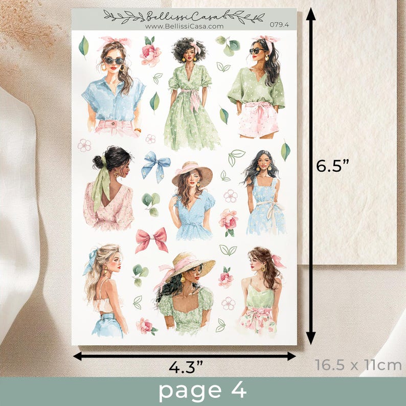 May include: A sheet of stickers featuring watercolor illustrations of women in various summer outfits. The stickers are in pastel colors, with floral and bow accents. The sheet measures 4.3 x 6.5 inches.
