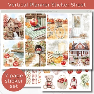 May include: Vertical planner sticker sheet featuring watercolor illustrations of autumn scenes. Includes images of a watermill, apples, a bicycle, a house, and a teddy bear. The text "7 page sticker set" is also included.