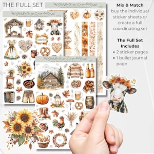 May include: A set of two sticker pages and one bullet journal page featuring watercolor illustrations of fall-themed items, including a cow, a cabin, a rooster, a pretzel, a sunflower, and a lantern. The text "The Full Set Includes" and "2 sticker pages" and "1 bullet journal page" is visible on the right side of the image.
