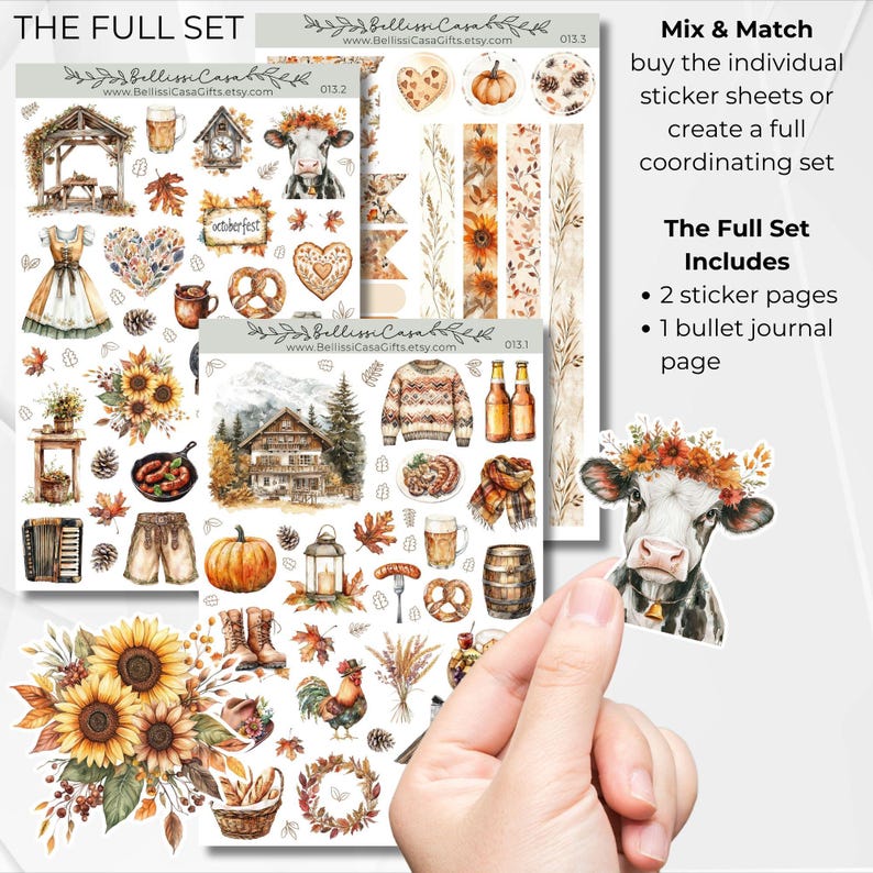 May include: A set of two sticker pages and one bullet journal page featuring watercolor illustrations of fall-themed items, including a cow, a cabin, a rooster, a pretzel, a sunflower, and a lantern. The text "The Full Set Includes" and "2 sticker pages" and "1 bullet journal page" is visible on the right side of the image.