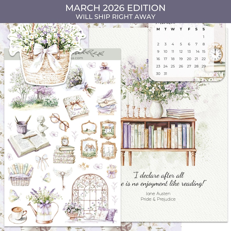 Op de afbeelding: Een plannerpagina in aquarel-stijl met een kalender voor maart 2026, bloemmotieven en literaire citaten. Bevat een boekenplank, boeken, een bloemenmand en decoratieve items. De tekst luidt "I declare after all e is no enjoyment like reading!" van Jane Austen.