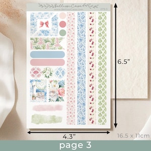 May include: A decorative sticker sheet, 4.3 x 6.5 inches, featuring various designs. Includes floral patterns, ribbons, and labels in pastel pink, blue, and green. The sheet also has a beach scene and the text "page 3".