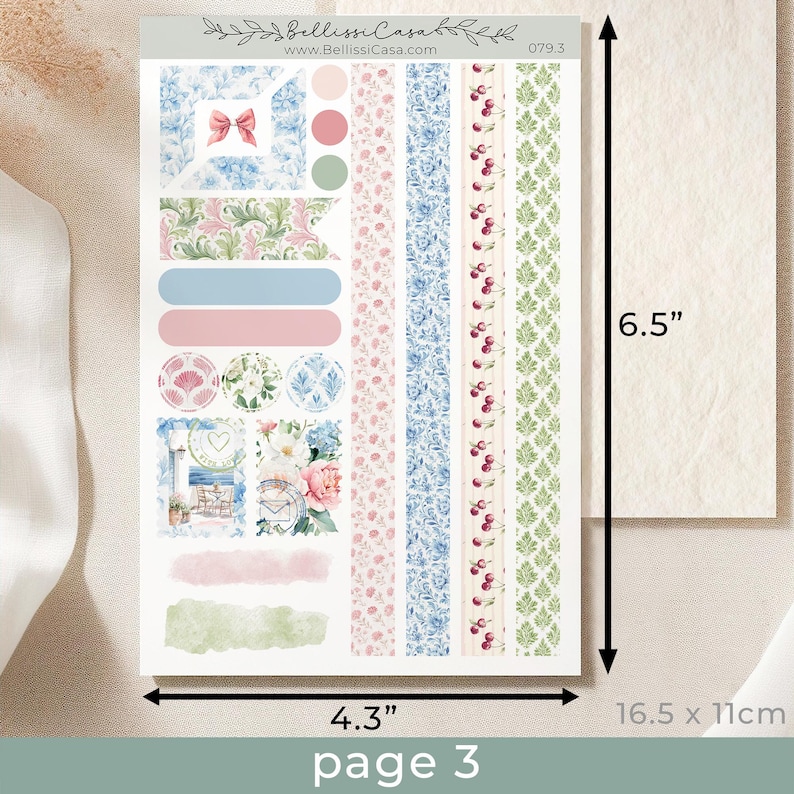 May include: A decorative sticker sheet, 4.3 x 6.5 inches, featuring various designs. Includes floral patterns, ribbons, and labels in pastel pink, blue, and green. The sheet also has a beach scene and the text "page 3".