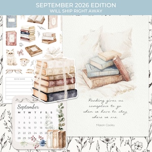 May include: A September 2026 calendar page featuring a stack of watercolor books tied with a ribbon, a cat, eyeglasses, and a quote by Mason Cooley that reads: Reading gives us someplace to go when we have to stay where we are.