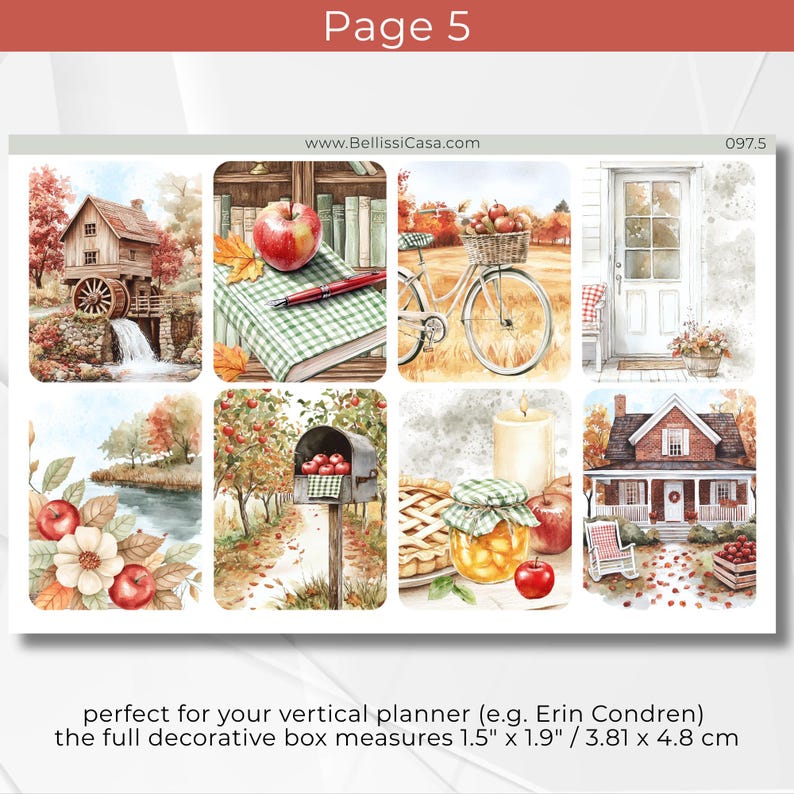 May include: A sheet of planner stickers with watercolor illustrations of autumn scenes. Images include a watermill, apples, a bicycle with a basket, a door, a river, a mailbox, a candle, a pie, and a house. The text "Page 5" and "www.BellissiCasa.com" are visible.