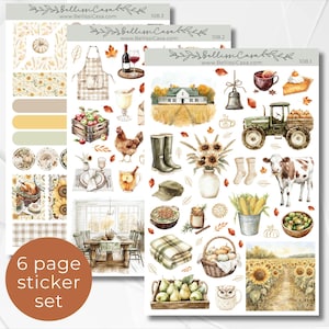 May include: A set of six sticker sheets with a fall theme. The stickers feature watercolor illustrations of pumpkins, sunflowers, a tractor, a cow, and other autumn-related images. The text "6 page sticker set" is visible.