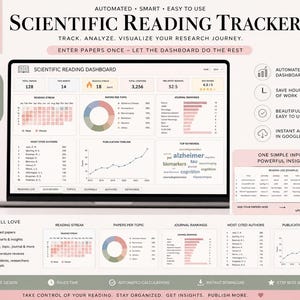 以下が含まれることがあります： ノートパソコンの画面に表示された科学的読書トラッカーのデジタルダッシュボード。自動化されたグラフ、ジャーナルのランキング、出版のタイムライン、読書ログ、およびトピックやキーワードごとのデータ視覚化機能が含まれています。