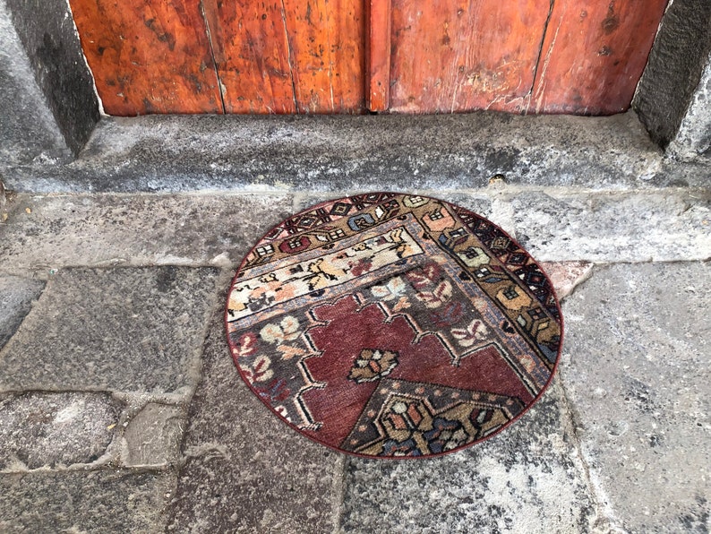 Handmade Doormat Kitchen Rug Faded Entry Small Rug Turkish Round Rug 2x2 Outdoor Rug Boho Rug Oushak Rug Bathroom Rug Moroccan Rug