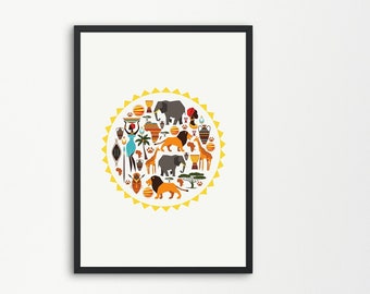 african poster, colourful african poster, nursery poster for kids, animal poster