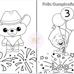 K&ouml;nnte beinhalten: Eine Schwarzwei&szlig;-Malvorlage mit einem Cowboy-B&auml;ren, der einen Hut tr&auml;gt, und einem Clown, der Ballons h&auml;lt. Die Seite enth&auml;lt den Text "Feliz Cumplea&ntilde;os 3" und "Leo".