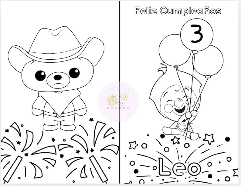 K&ouml;nnte beinhalten: Eine Schwarzwei&szlig;-Malvorlage mit einem Cowboy-B&auml;ren, der einen Hut tr&auml;gt, und einem Clown, der Ballons h&auml;lt. Die Seite enth&auml;lt den Text "Feliz Cumplea&ntilde;os 3" und "Leo".