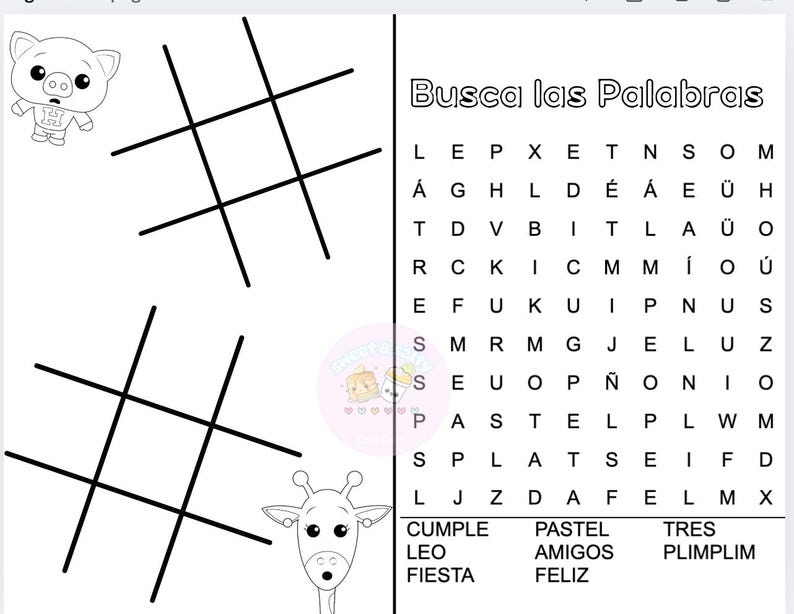 K&ouml;nnte beinhalten: Ein Schwarzwei&szlig;-Wortsuchr&auml;tsel mit den Worten "Busca las Palabras" oben. Das R&auml;tsel enth&auml;lt die W&ouml;rter "Cumple", "Leo", "Fiesta", "Pastel", "Amigos", "Feliz", "Tres" und "Plimplim".