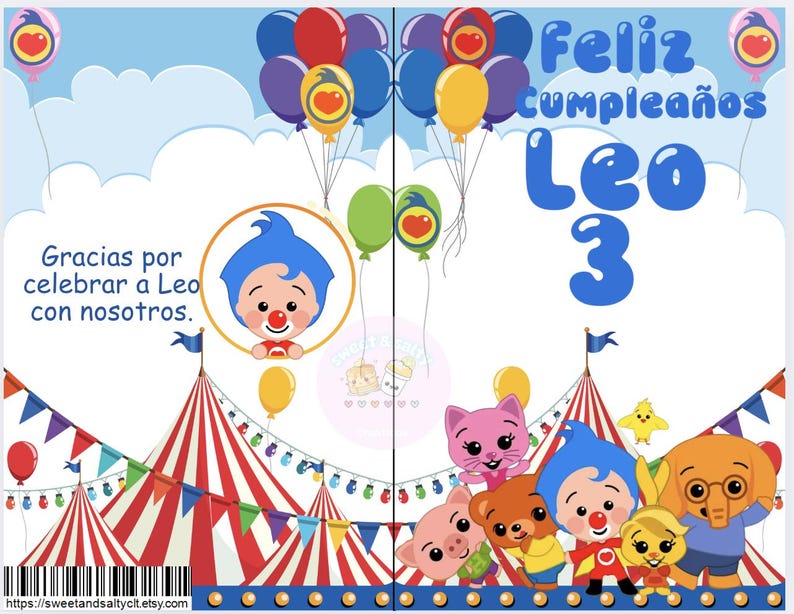 K&ouml;nnte beinhalten: Eine farbenfrohe Geburtstagseinladung mit Zirkus-Thema. Die Einladung zeigt einen Clown mit roter Nase und blauem Hut, ein gro&szlig;es Zirkuszelt und Ballons. Der Text auf der Einladung lautet "Feliz cumplea&ntilde;os Leo 3".