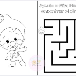 K&ouml;nnte beinhalten: Eine Schwarzwei&szlig;-Malvorlage mit einem Comic-Clown mit roter Nase und einem Herz auf der Brust. Der Clown h&auml;lt einen Ball. Die Seite enth&auml;lt auch ein Labyrinth mit dem Text "Ayuda a Plim Plim a encontrar el circo" oben.