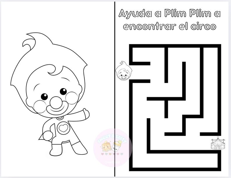 K&ouml;nnte beinhalten: Eine Schwarzwei&szlig;-Malvorlage mit einem Comic-Clown mit roter Nase und einem Herz auf der Brust. Der Clown h&auml;lt einen Ball. Die Seite enth&auml;lt auch ein Labyrinth mit dem Text "Ayuda a Plim Plim a encontrar el circo" oben.