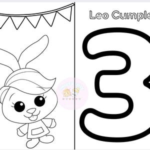 K&ouml;nnte beinhalten: Eine Schwarzwei&szlig;-Malvorlage mit einem Cartoon-Kaninchen mit Schleife und einer gro&szlig;en Zahl drei. Der Text "Leo Cumple" steht oben auf der Seite.