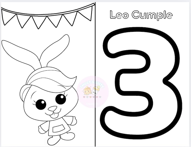 K&ouml;nnte beinhalten: Eine Schwarzwei&szlig;-Malvorlage mit einem Cartoon-Kaninchen mit Schleife und einer gro&szlig;en Zahl drei. Der Text "Leo Cumple" steht oben auf der Seite.