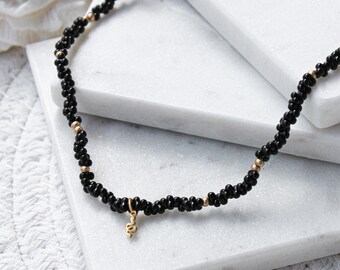 Onyx Necklace, Black Beaded Choker, Beaded Necklace Chain, beaded choker with charm, tiny snake charm, everyday necklace VJ3