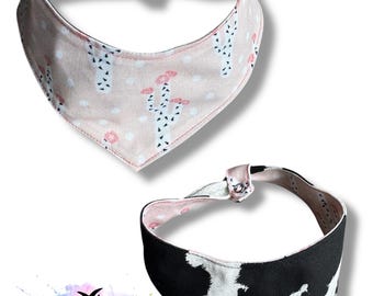 Rosy Rodeo — Reversible Dog Bandana | Cowprint & Blush Cactus | Adjustable Tie + Snap | Handmade