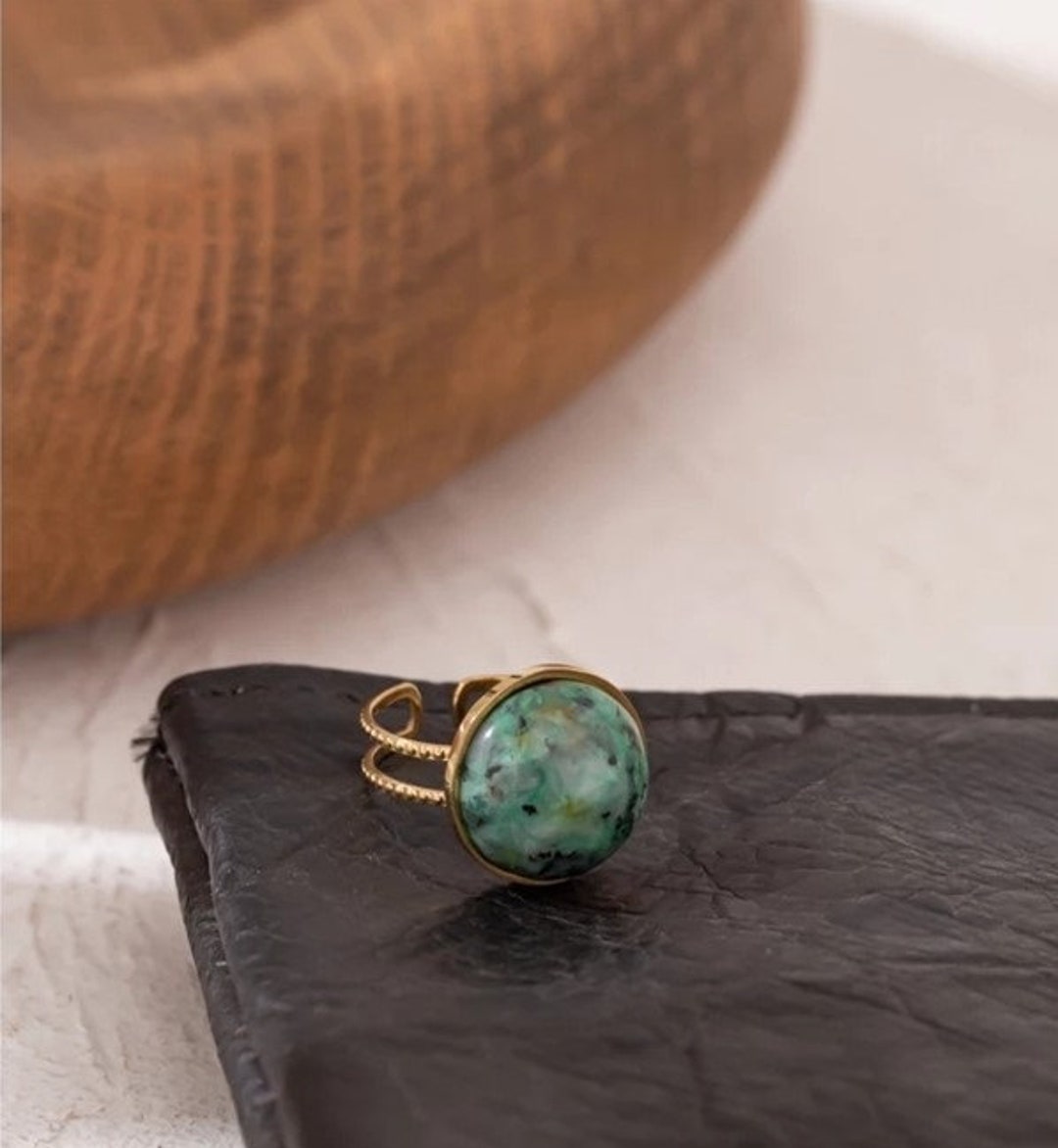 Natural Green Stone Ring Gold Plated Ring Adjustable Ring - Etsy