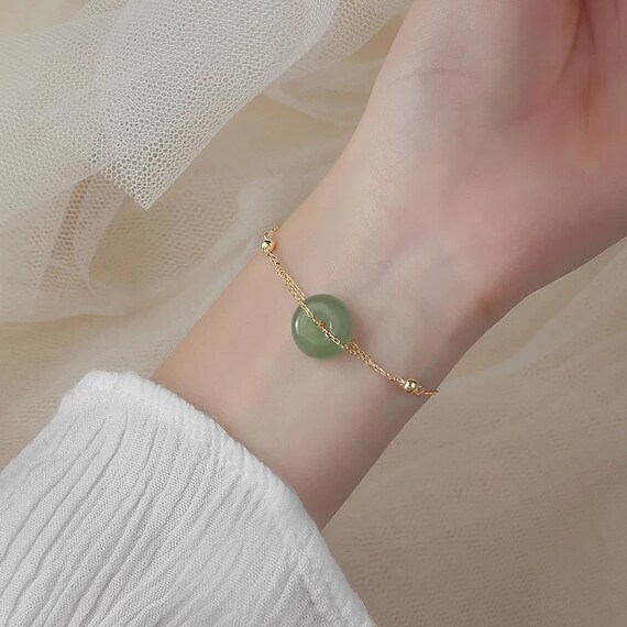 Green stone charm bracelet Retro gold color bracelet | Etsy