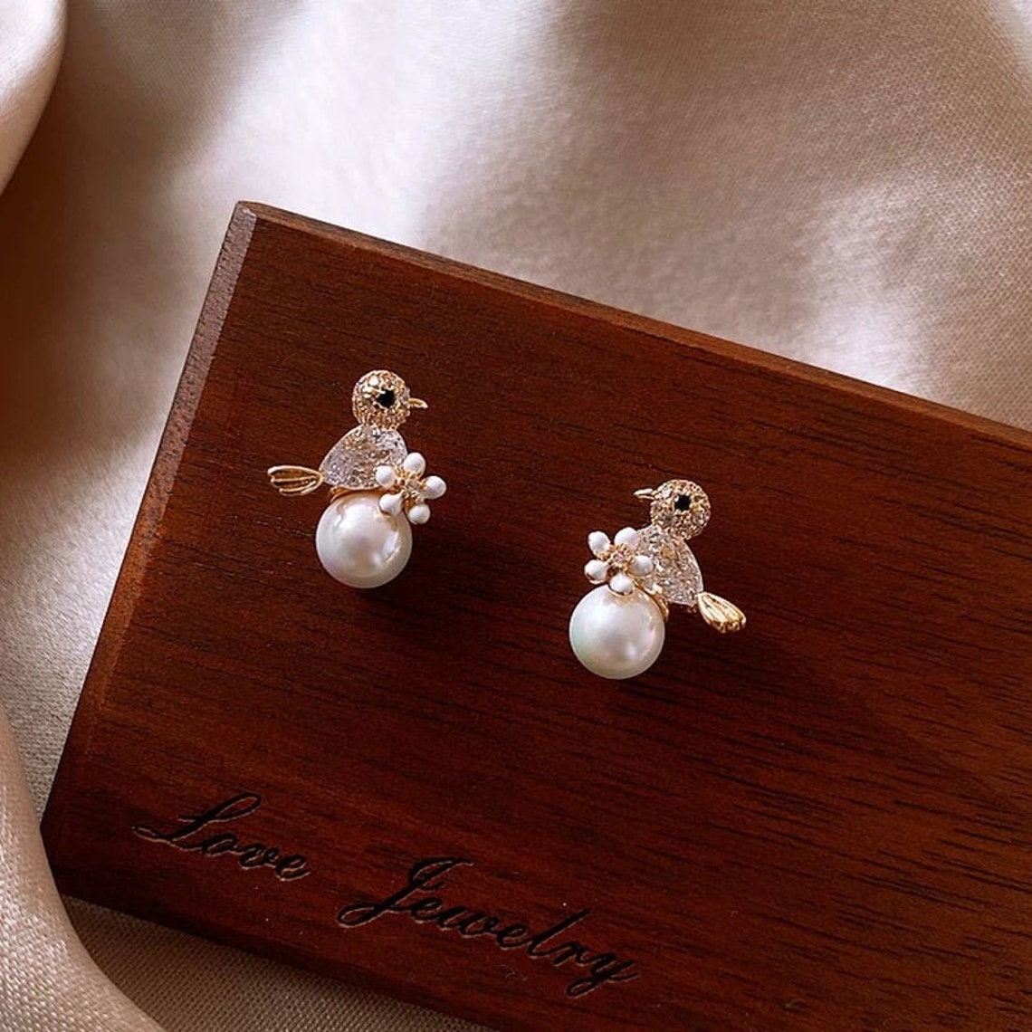 Bird Stud Earrings Bird Flower Pearl Earrings Little Birdie - Etsy