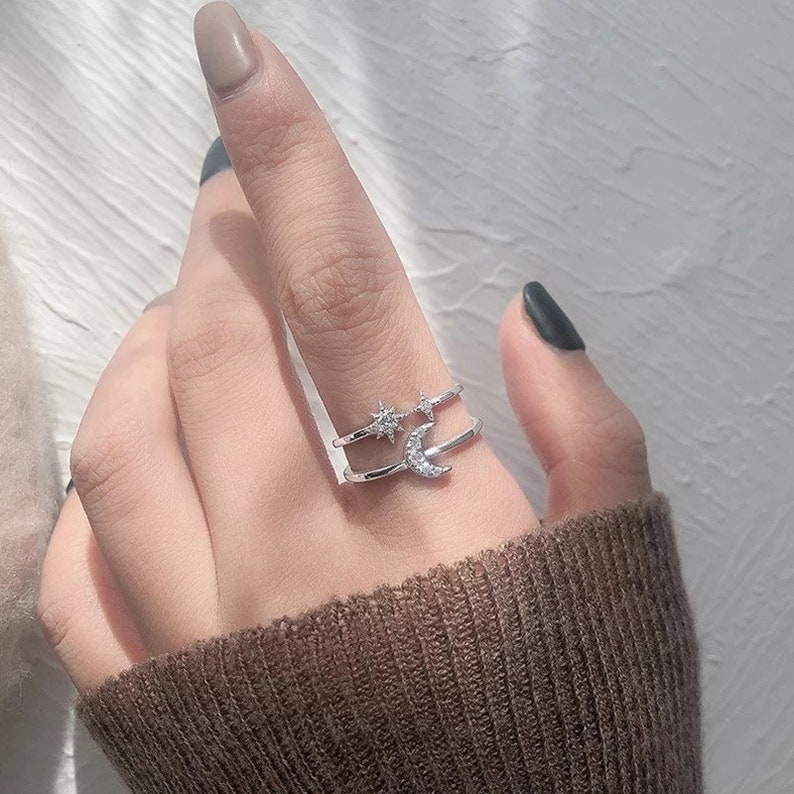 Open ring Star and moon ring Double layer star and moon ring Celestial ring Adjustable ring