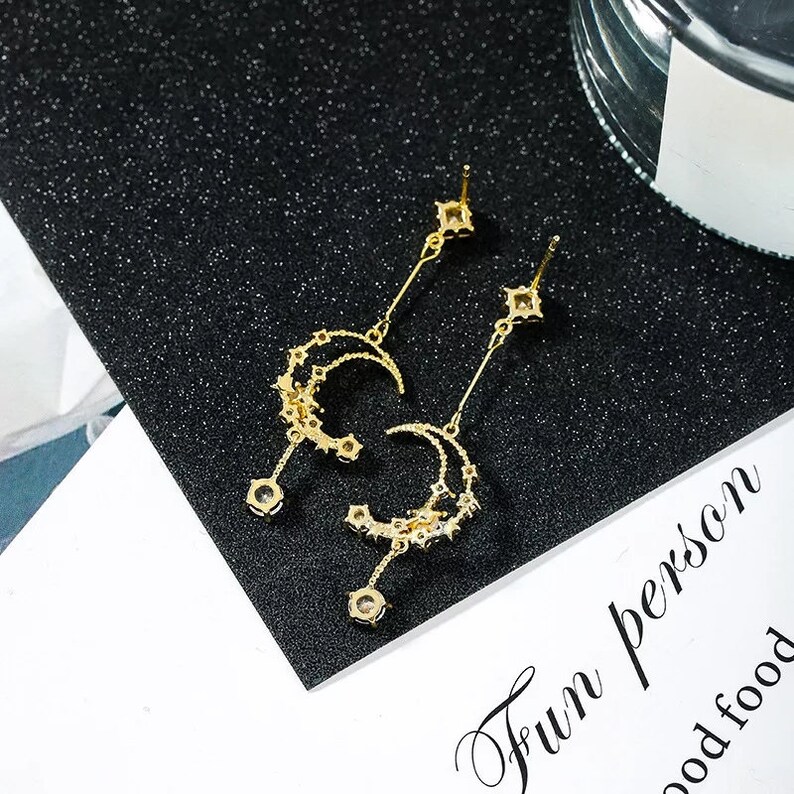Moon and Star Drop Earrings 14K Gold Plated Earrings Etsy