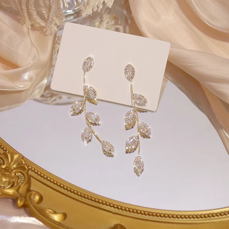 Elegant leaf drop earrings 14K gold plated leaf earrings CZ | Etsy