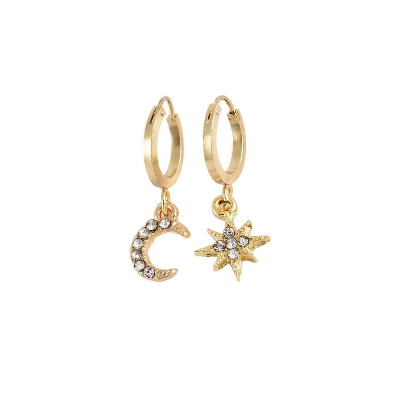Star Moon Drop Earrings Asymmetrical Celestial Earrings | Etsy
