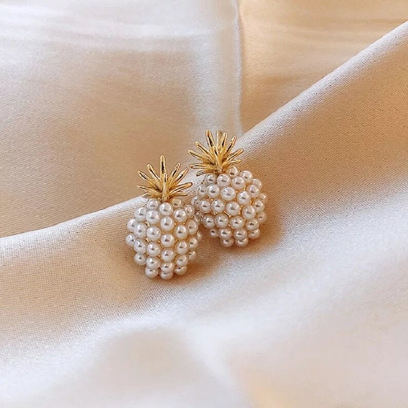 Pineapple Stud Earrings Pineapple Pearl Earrings Minimalist Etsy