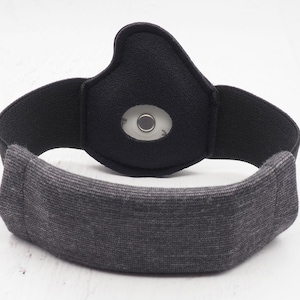May include: A black and gray headband with a sensor on the front. The headband is made of a soft, stretchy material.