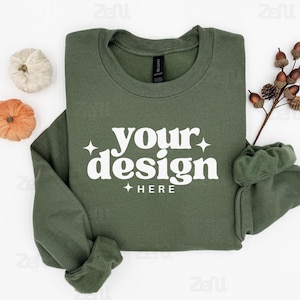 Gildan 18000 Mockup, Gildan Military Green Sweatshirt Mockup, Sweatshirt Model Mockup, 18000 Military Green, Crewneck Flat Lay Mockup