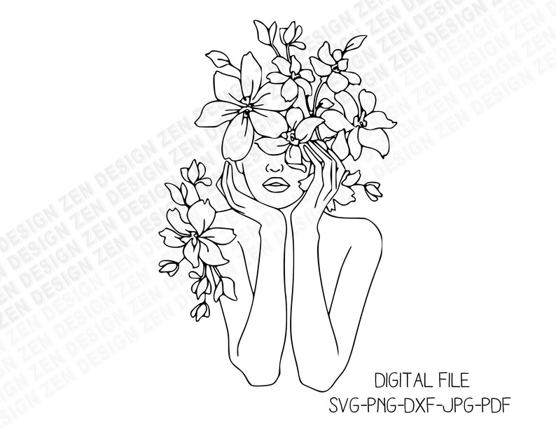 Frauen Gesicht mit Blumen Svg Floral Svg Linie Kunst Svg