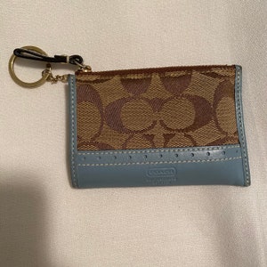 Vintage Coach Turquoise Leather Jacquard Signature Monogram Zip Wallet Leather Trim Coin Purse