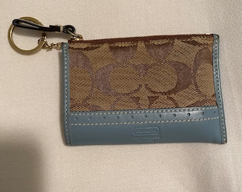 Vintage Coach Turquoise Leather Jacquard Signature Monogram Zip Wallet Leather Trim Coin Purse