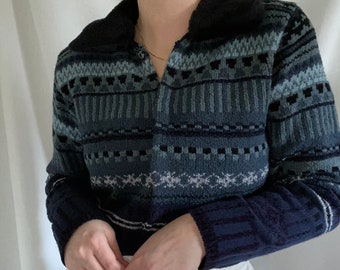 Vintage Karen Scott Petite Navy Blue Cardigan Sweater Top Faux Fur Collar