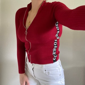 Vintage GUESS Ribbed Red ZipUp Collared Sweater with GUESS Logo on Side Trim Y2K