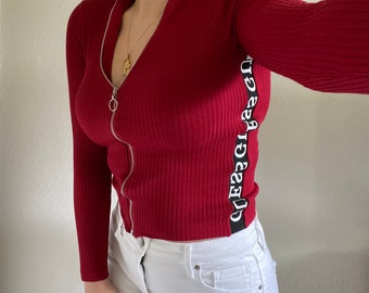 Vintage GUESS Ribbed Red ZipUp Collared Sweater with GUESS Logo on Side Trim Y2K