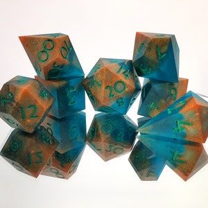 Patina - 7 Piece Sharp Edge Polyhedral Handmade Dice Set - DnD Pathfinder TTRPG Resin Dice