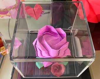 Rose with mini heart display in a clear acrylic box. Holiday or gift for any occasion!