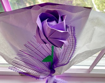 Origami rose wrapped in shiny purple floral decor with free personalized wooden heart charm! Holiday or gift for any occasion!