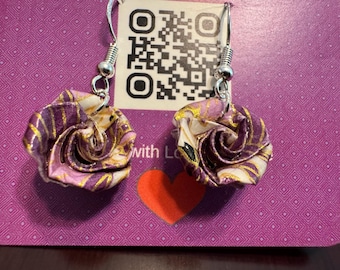 Ręcznie robione japońskie kolczyki origami w kształcie róży z haczykami ze srebra próby 925