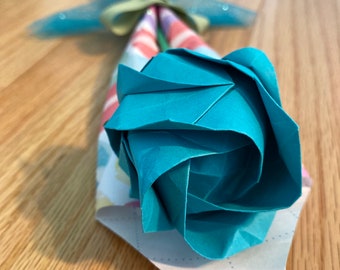 Origami rose wrapped in special sparkly turquoise macaroon paper with free personalized wooden heart charm! Holiday or gift of any occasion.