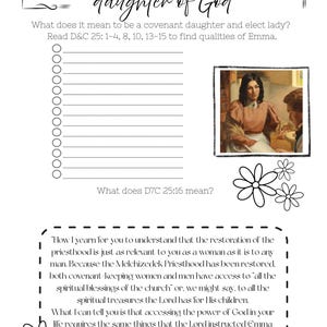 May include: A religious study worksheet titled Emma Smith was a covenant daughter of God. It includes a list of blank lines with circles, a small framed painting of a woman, two flower line drawings, and a block of text by President Nelson.