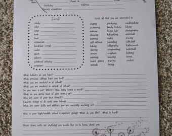 May include: A white paper with the text "These are a few of my Favorite Things" in a handwritten font. The form includes fill-in sections for personal details and questions about interests and hobbies. Dandelion illustrations are at the top and bottom.