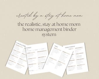 May include: A beige-toned image featuring four sheets of paper with printed lists. The text on the papers reads "15 MIN DECLUTTER", "MONDAY", "TASKS", and "WEEKLY SCHEDULE". The text "created by a stay at home mom" and "the realistic, stay at home mom home management binder system" is also visible.